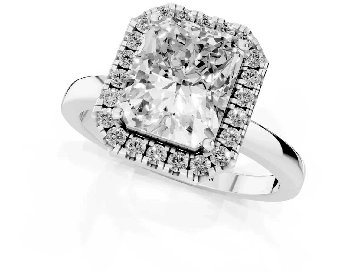 Radiant Cut Halo Diamond Solitaire with Pavé Band and Four-Prong Setting Silver