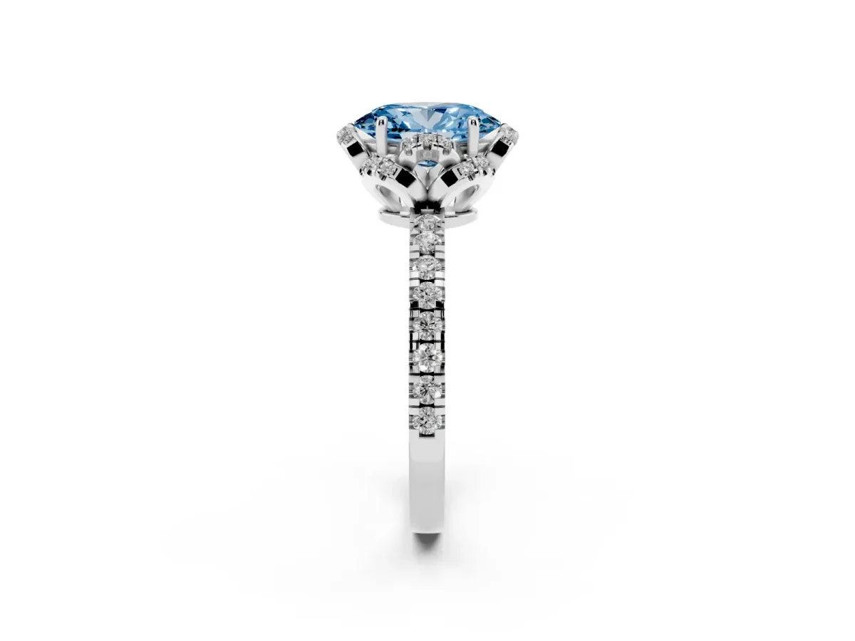 Fancy Blue Oval Cut Diamond Halo Pave Band with Four-Prong Setting Platinum
