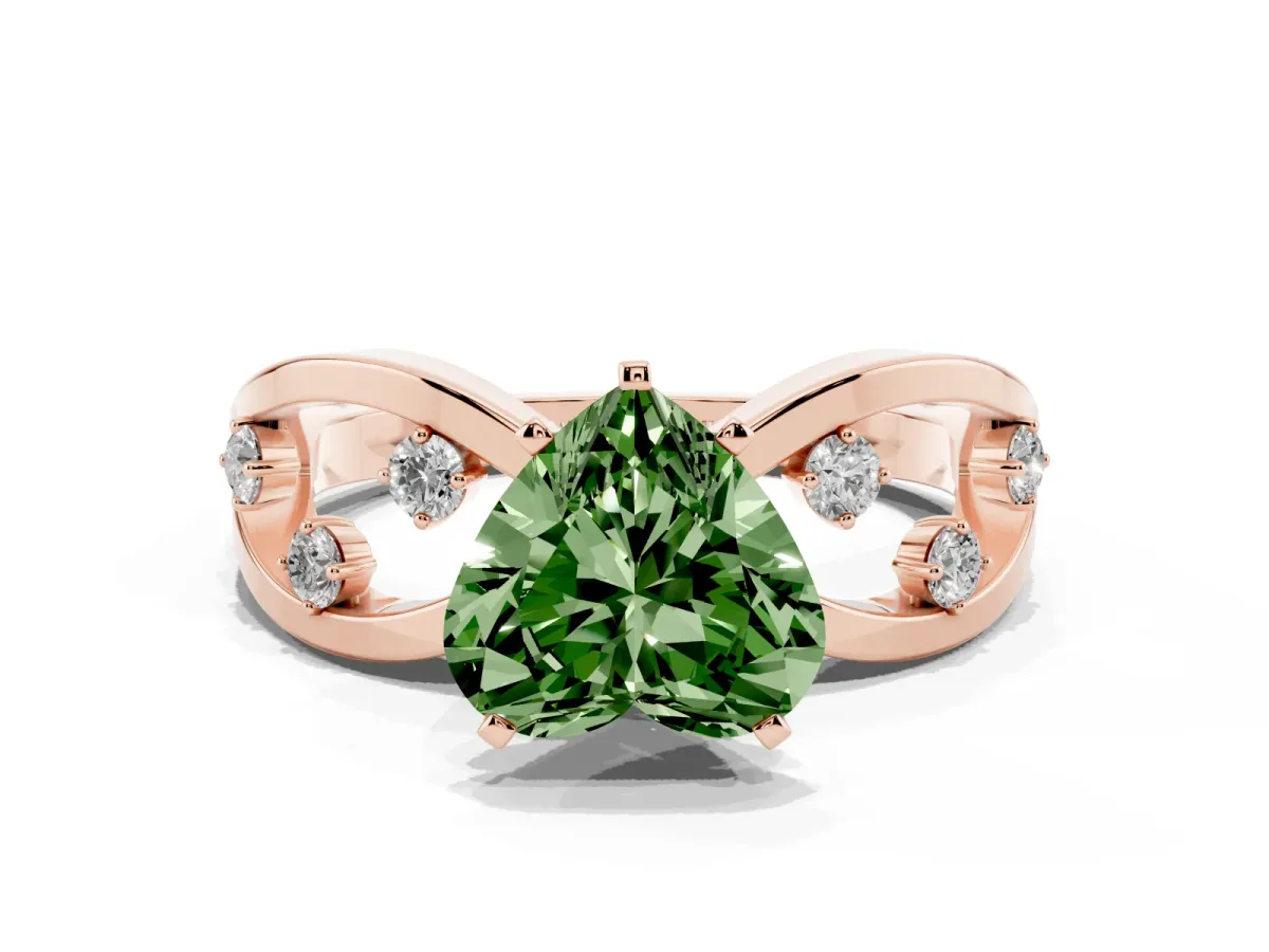Fancy Green Heart Cut Cut Solitaire Diamond with Side Stones on Criss-Cross Band and Four-Prong Setting Rose gold