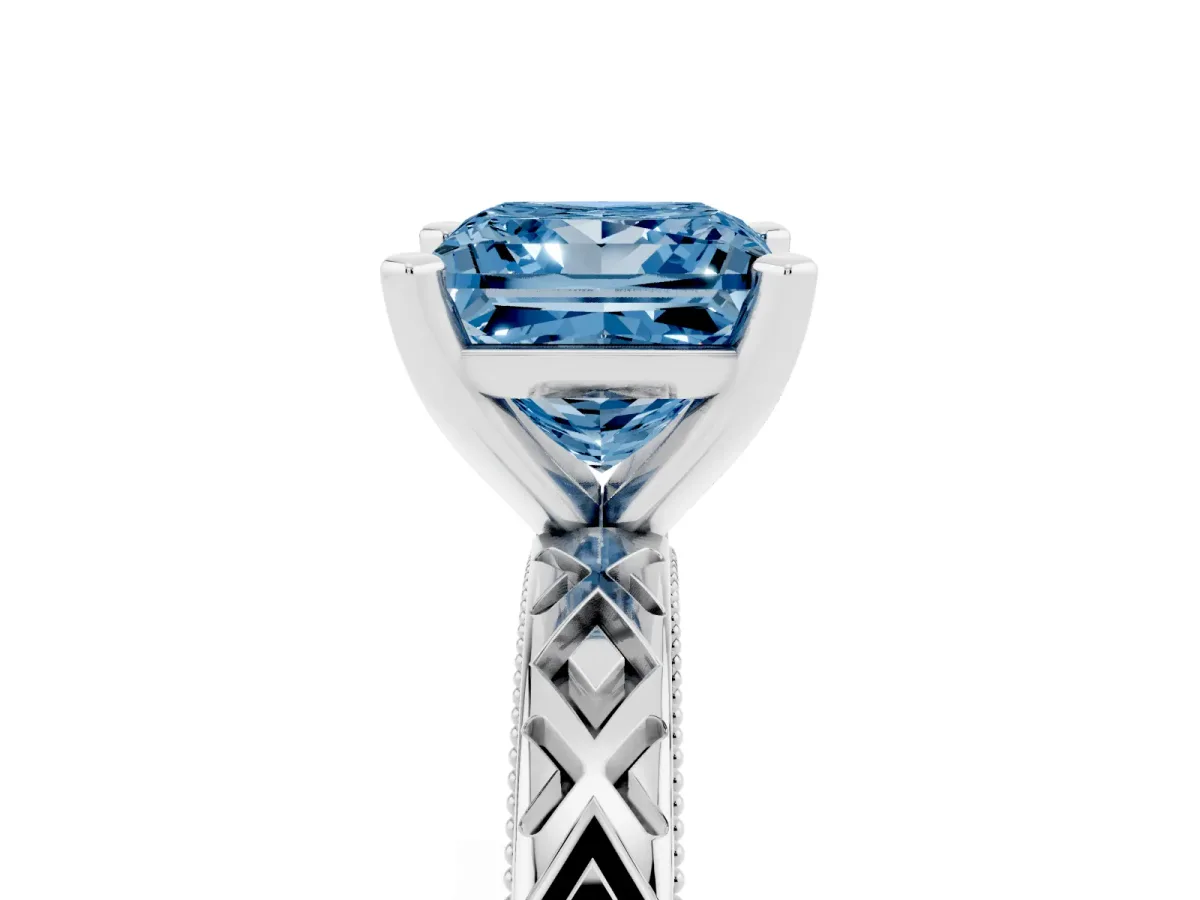 Fancy Blue Princess Cut Solitaire Diamond Ring with Milgrain and Black Enamel X Pattern Band Silver