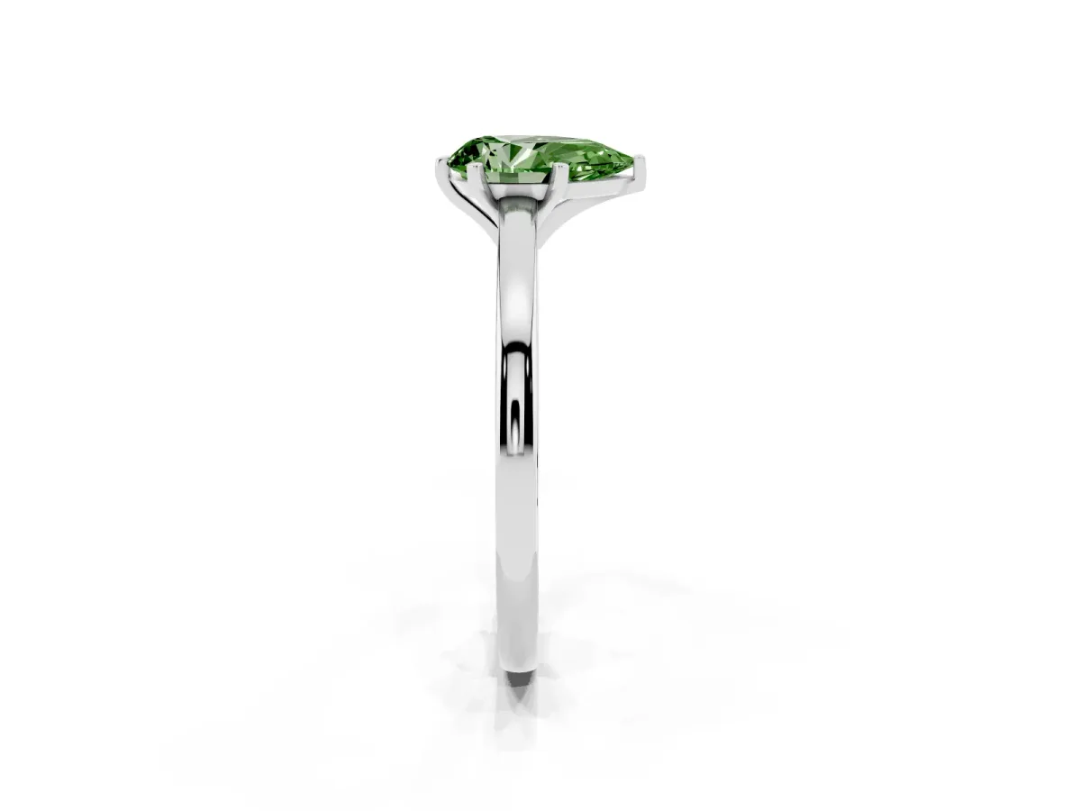 Fancy Green Pear Cut Solitaire Diamond Engagement Ring with Four-Prong Setting on a Classic Band Silver