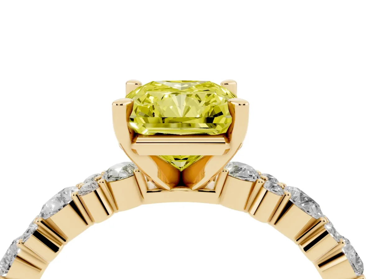 Fancy Yellow Radiant Cut Diamond Side Stone Solitaire Ring with Round and Four-Prong Setting Yellow gold