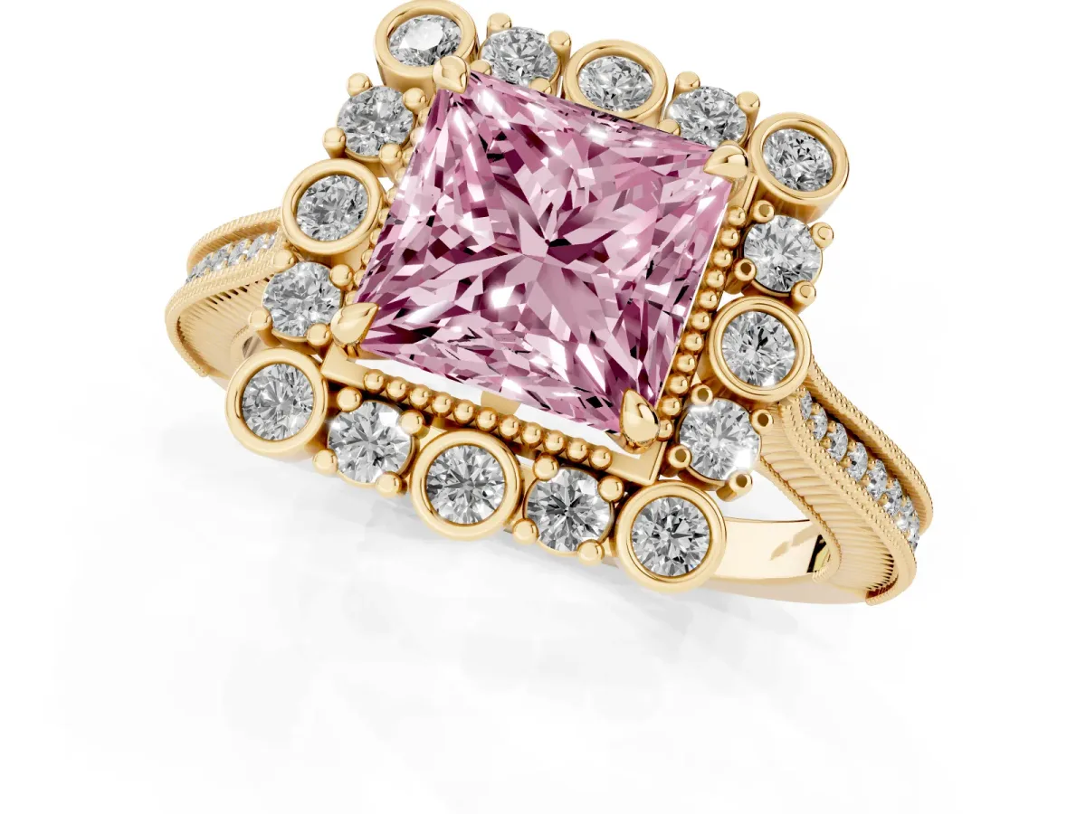 Fancy Pink Princess Cut Halo Milgrain Pave Diamond Ring with Four-Prong Setting Yellow gold
