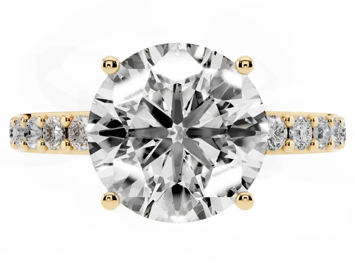 Round Cut Cut Diamond Solitaire with Pave Band and Four-Prong Setting Yellow gold