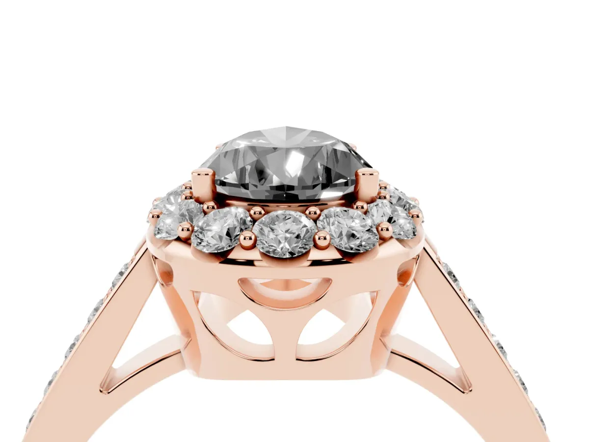 Fancy Black Pear Cut Diamond Floral Halo Ring with Pavé Band and Prong Setting Rose gold
