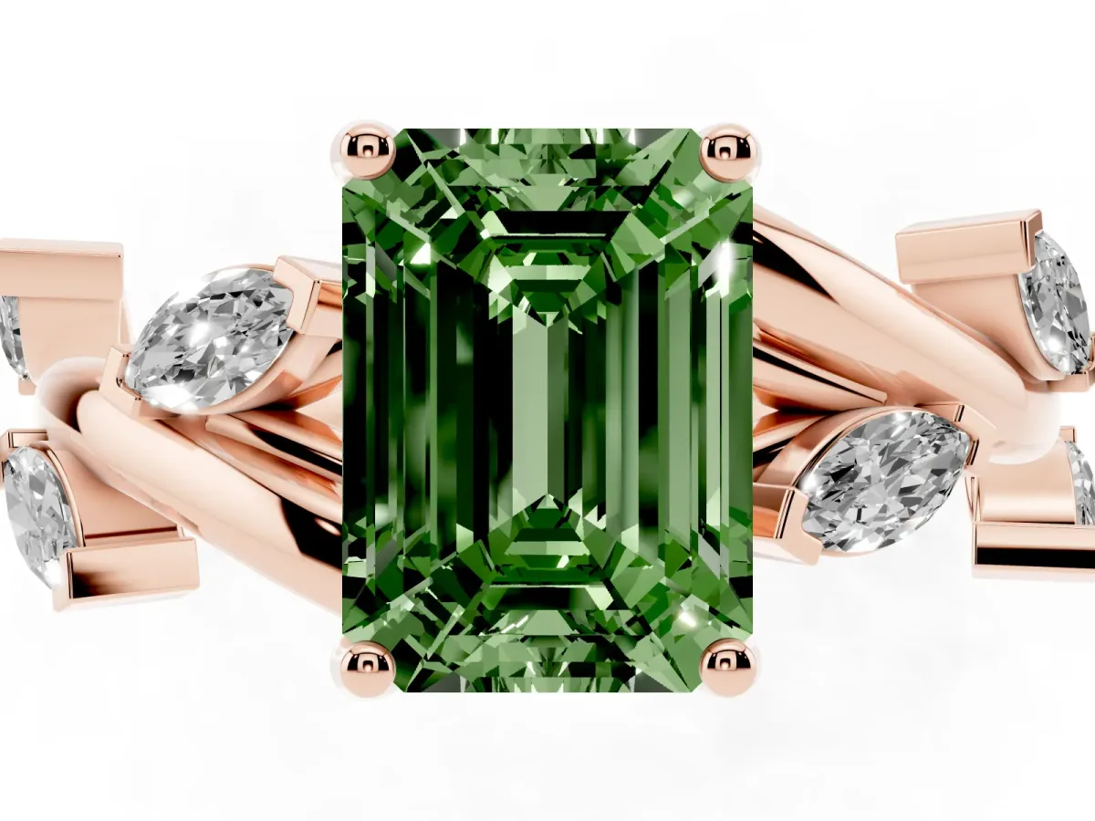 Fancy Green Emerald Cut Solitaire Twisted Band Marquise Accent Prong Setting Ring Rose gold