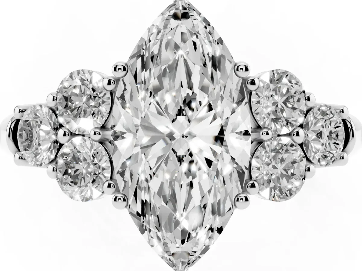 Marquise Cut Cut Diamond Cluster Ring with Round Accent Stones and Prong Setting on a Classic Band Silver