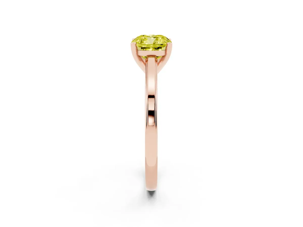 Fancy Yellow Cushion Cut Solitaire Diamond Ring with Four-Prong Setting and Classic Band Rose gold