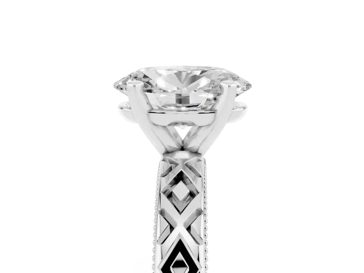 Oval Cut Solitaire Diamond Ring with Milgrain and Black Enamel X Pattern Band Silver