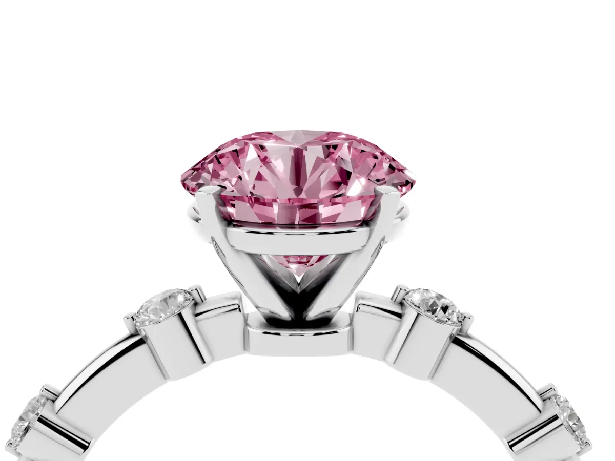 Fancy Pink Round Cut Solitaire Diamond Ring with Bezel Set Side Stones and Prong Setting Silver
