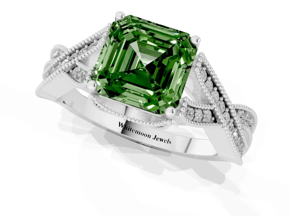 Fancy Green Asscher Cut Cut Diamond Twisted Band with Milgrain Pave Setting and Four-Prong Setting Platinum