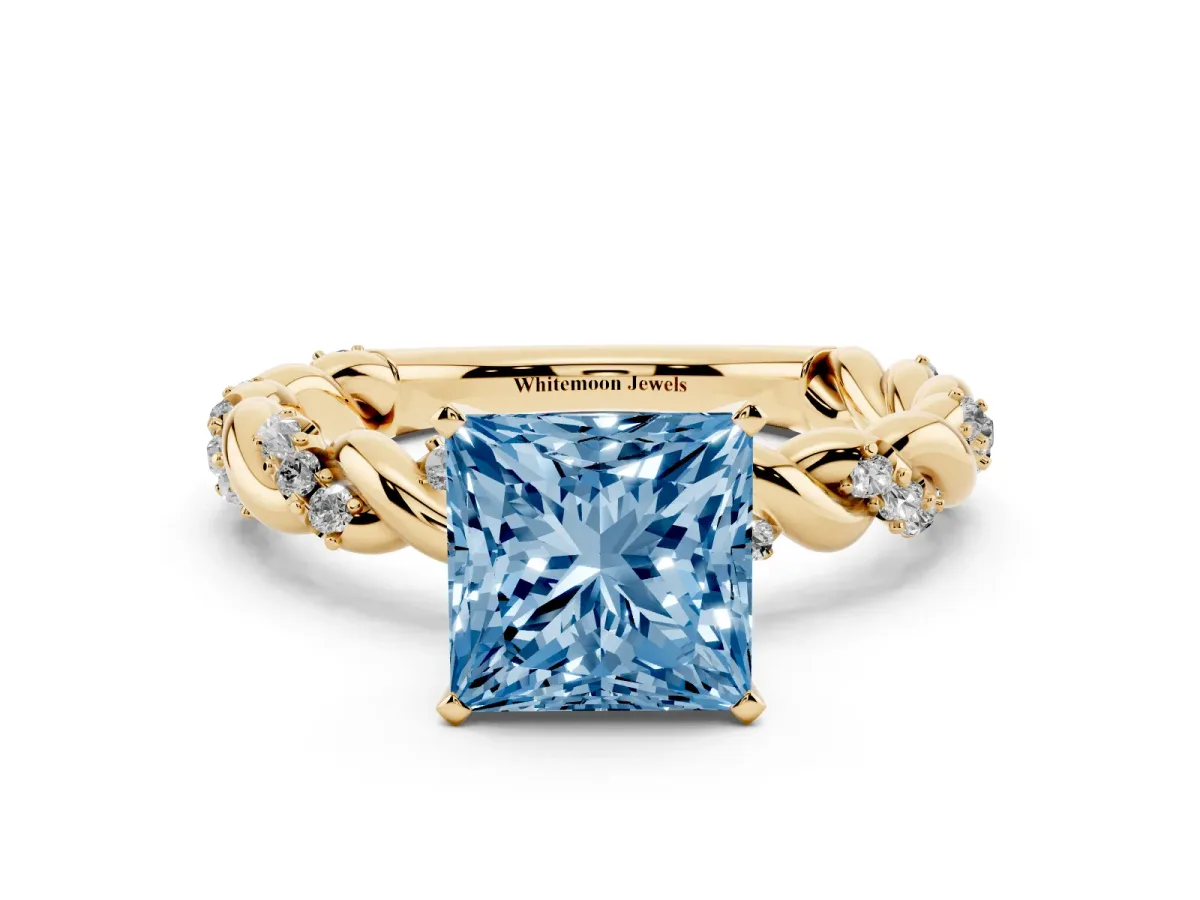 Fancy Blue Princess Cut Diamond Solitaire Ring with Twisted Band and Pavé Accents Yellow gold