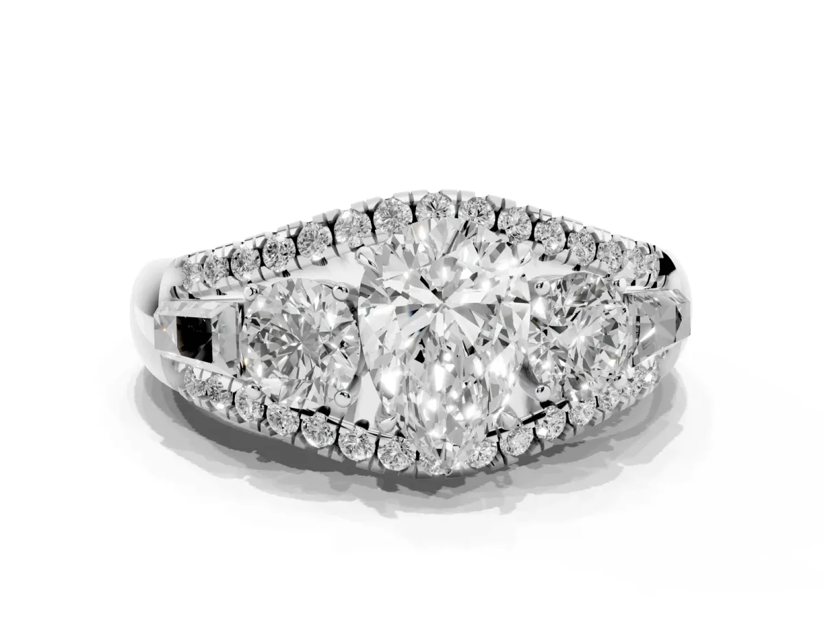 Three-Stone Pear Cut Diamond Engagement Ring with Pave Band and Prong Setting Silver