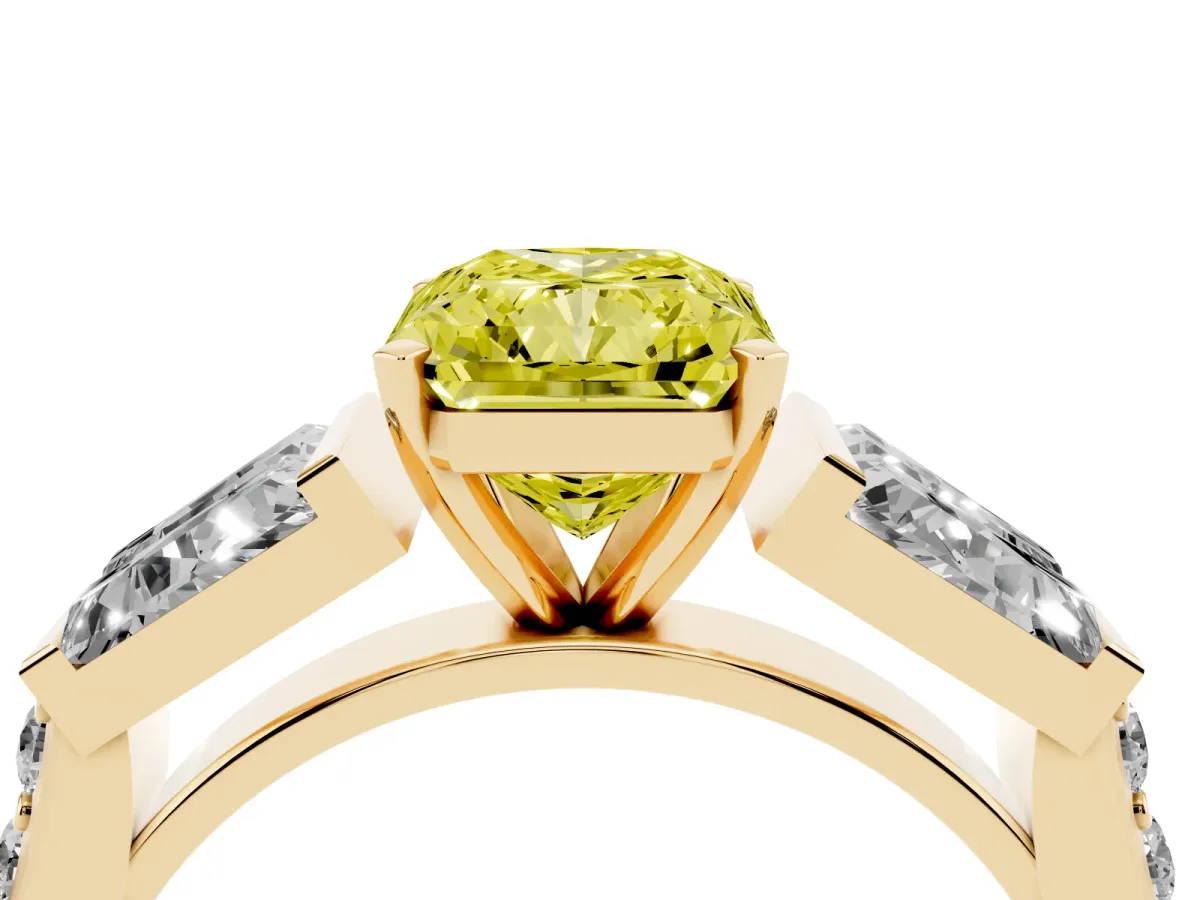 Fancy Yellow Radiant Cut Diamond Engagement Ring with Baguette Side Stones and Channel Set Band Yellow gold