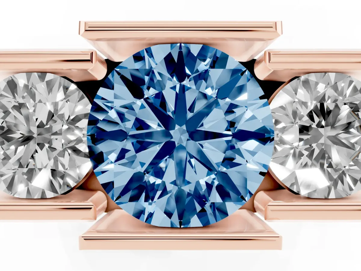 Fancy Blue Three Stone Round Cut Cut Channel Set Diamond Ring Rose gold