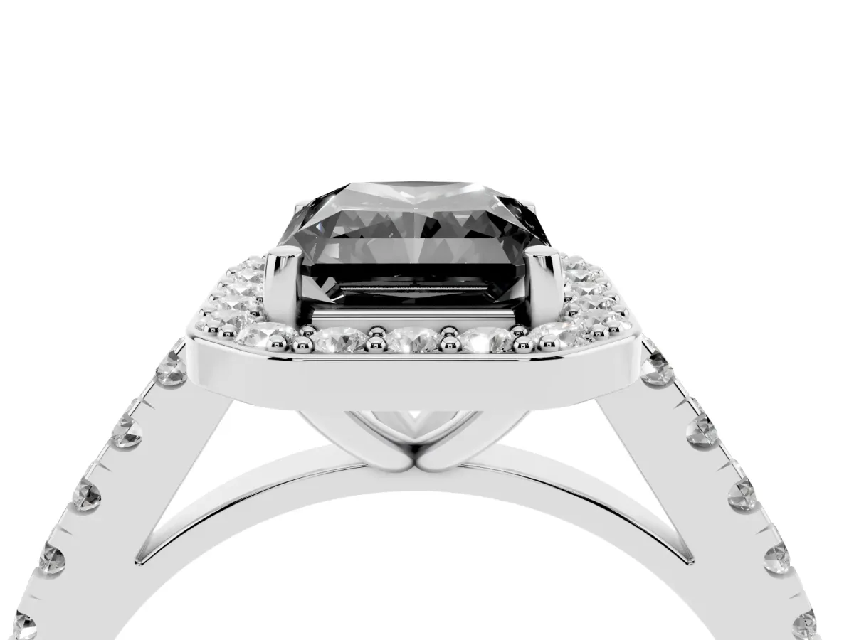 Fancy Black Radiant Cut Diamond Halo Ring with Round Pavé Split Shank and Prong Setting Silver