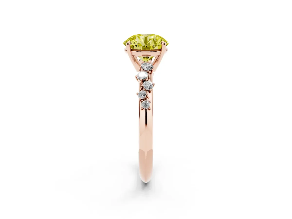 Fancy Yellow Round Cut Diamond Cluster Side Stone Solitaire Ring with Prong Setting Rose gold