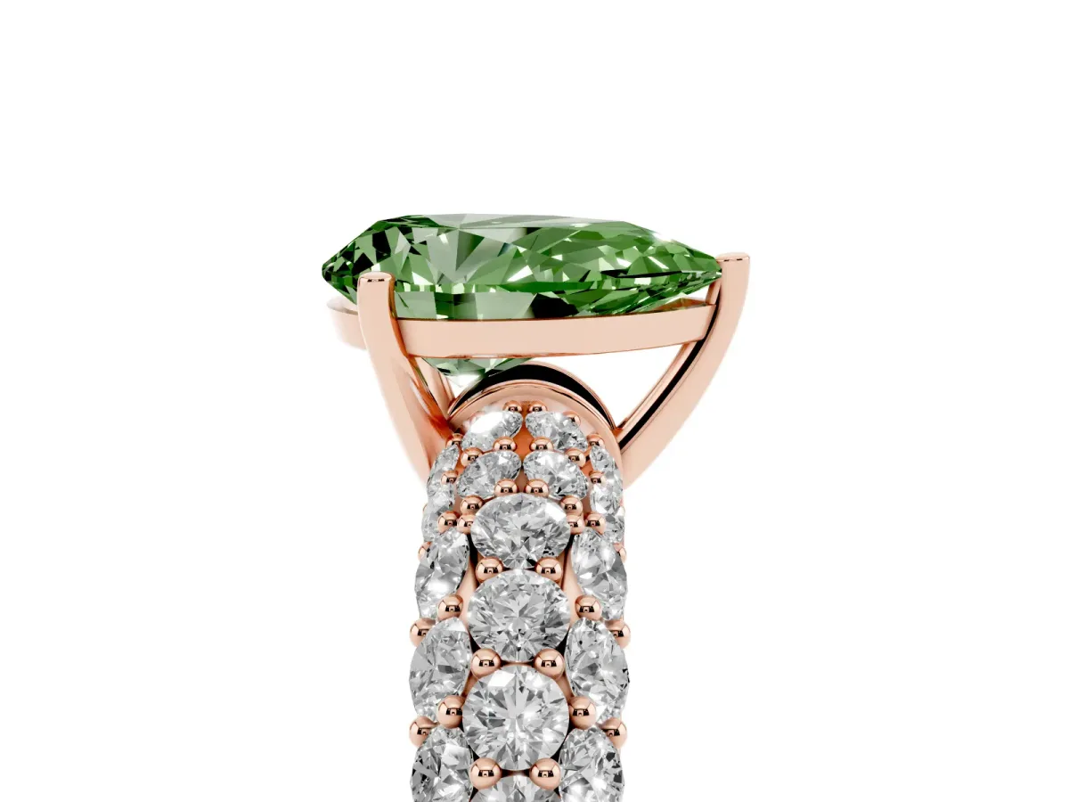 Fancy Green Pear Cut Diamond Pavé Band Solitaire Ring with Four-Prong Setting Rose gold