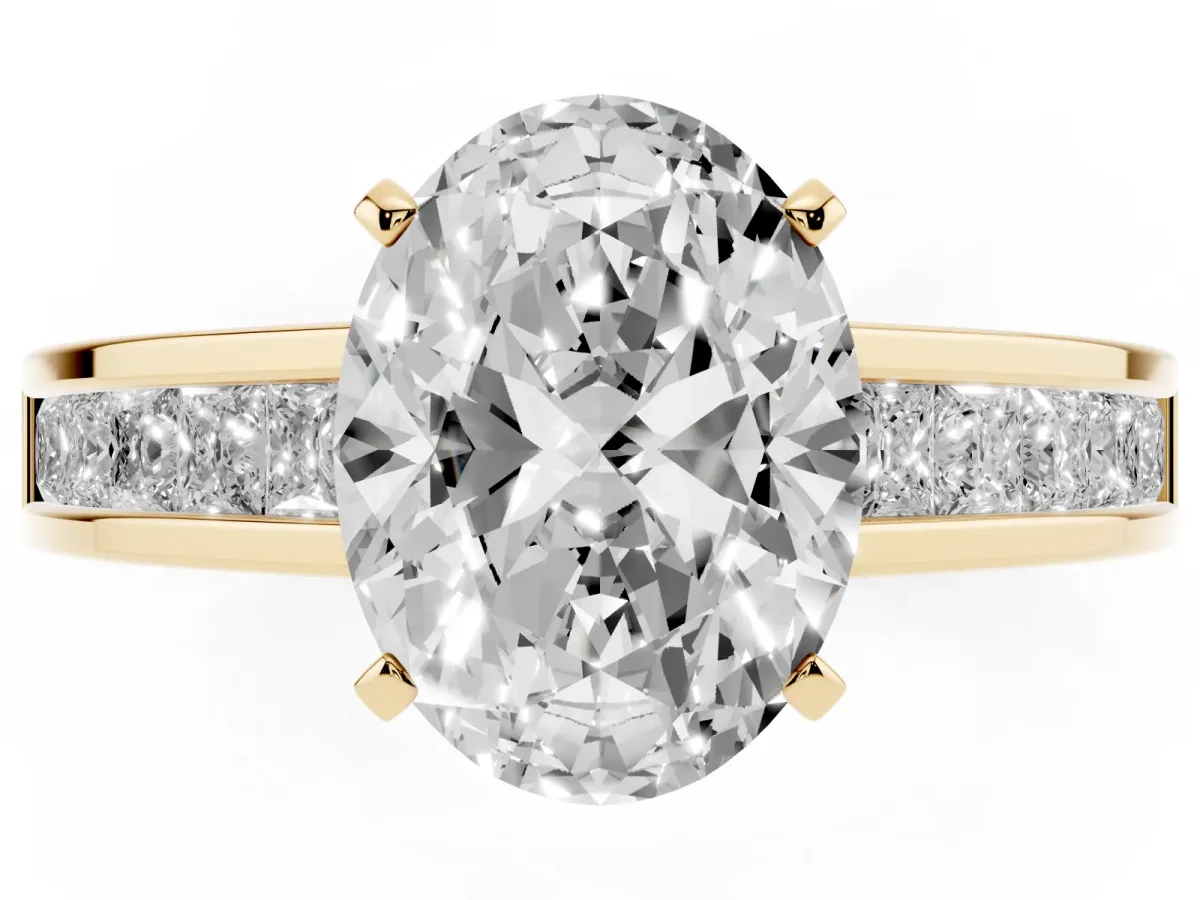 Oval Cut Solitaire Diamond Ring with Channel-Set Band and Four-Prong Setting Yellow gold