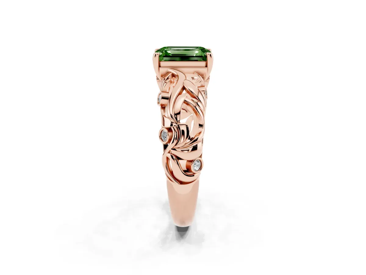 Fancy Green Emerald Cut Solitaire Diamond Leaf-Inspired Vine Band Ring with Prong Setting Rose gold