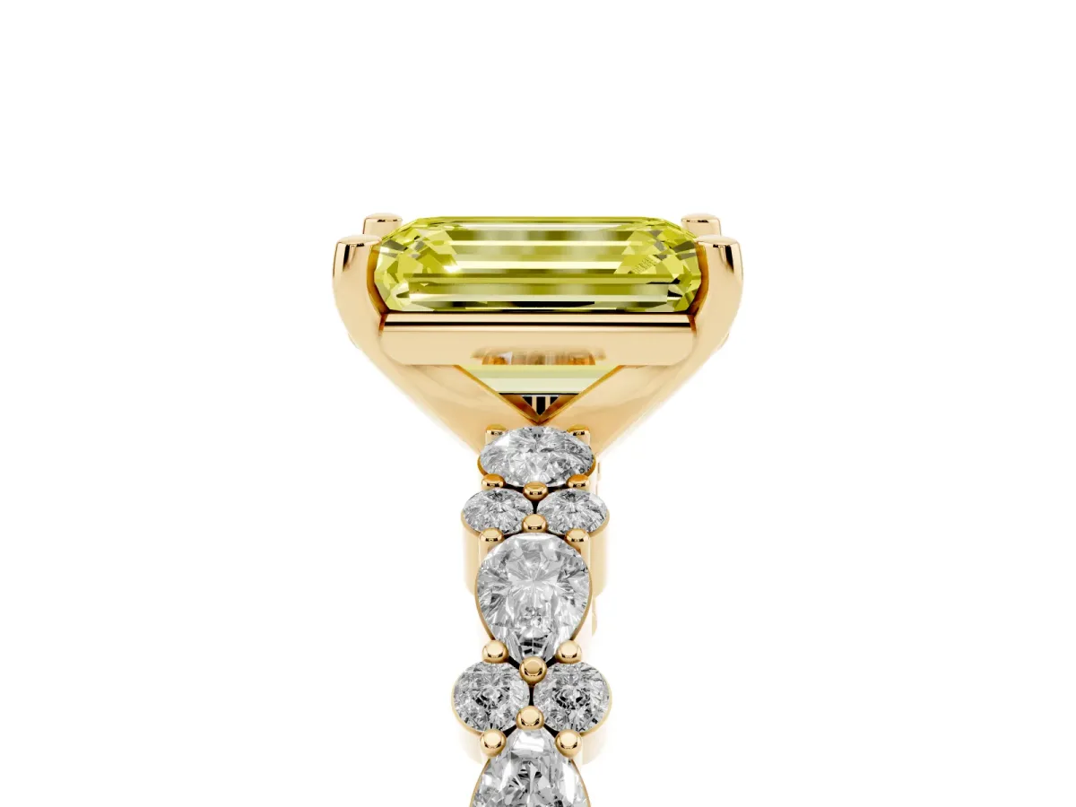 Fancy Yellow Emerald Cut Diamond Side Stone Solitaire Ring with Round and Four-Prong Setting Yellow gold