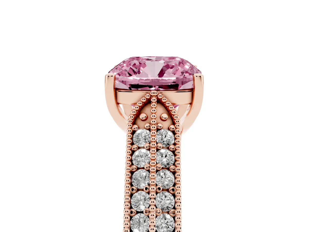 Fancy Pink Cushion Cut Cut Pave Split Shank Engagement Ring with Four-Prong Setting Rose gold