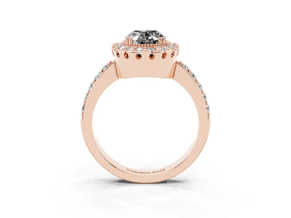 Fancy Black Oval Cut Diamond Halo Ring with Pavé Band and Prong Setting Rose gold
