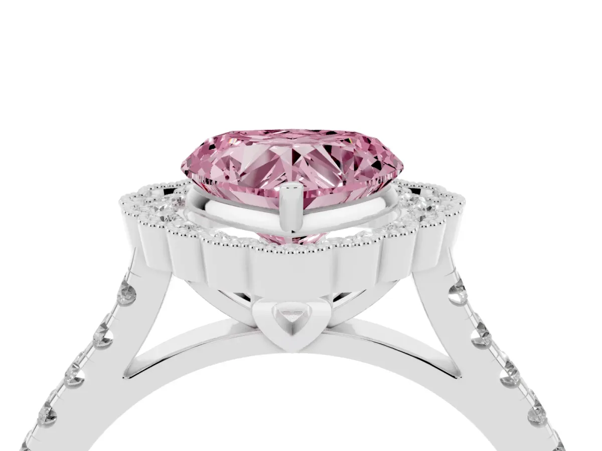 Fancy Pink Heart Cut Cut Diamond Milgrain Floral Halo Engagement Ring with Pavé Band White gold