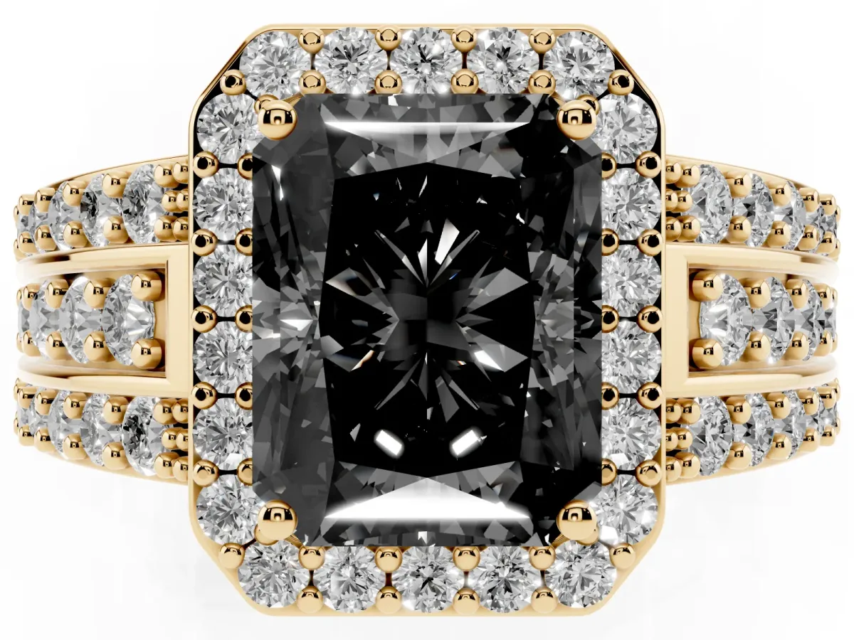 Fancy Black Radiant Cut Halo Diamond Ring with Round Split Shank and Prong Setting Yellow gold