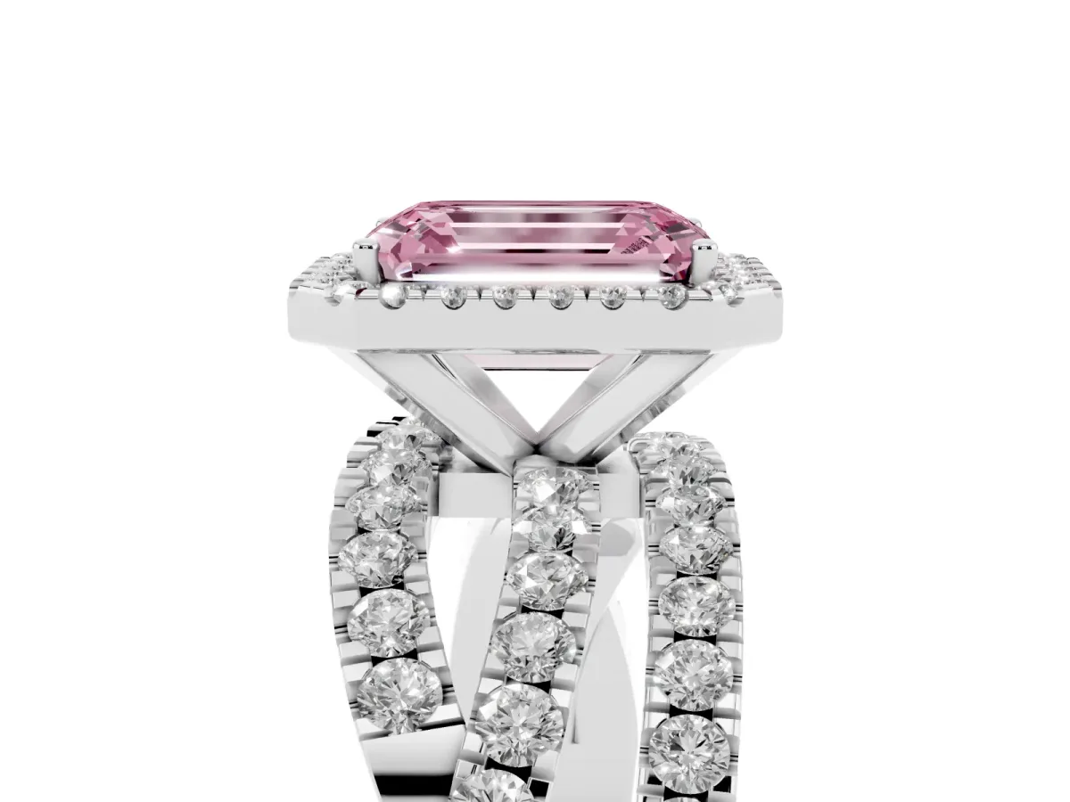 Fancy Pink Emerald Cut Diamond Halo Ring with Round Split Shank and Prong Setting Platinum