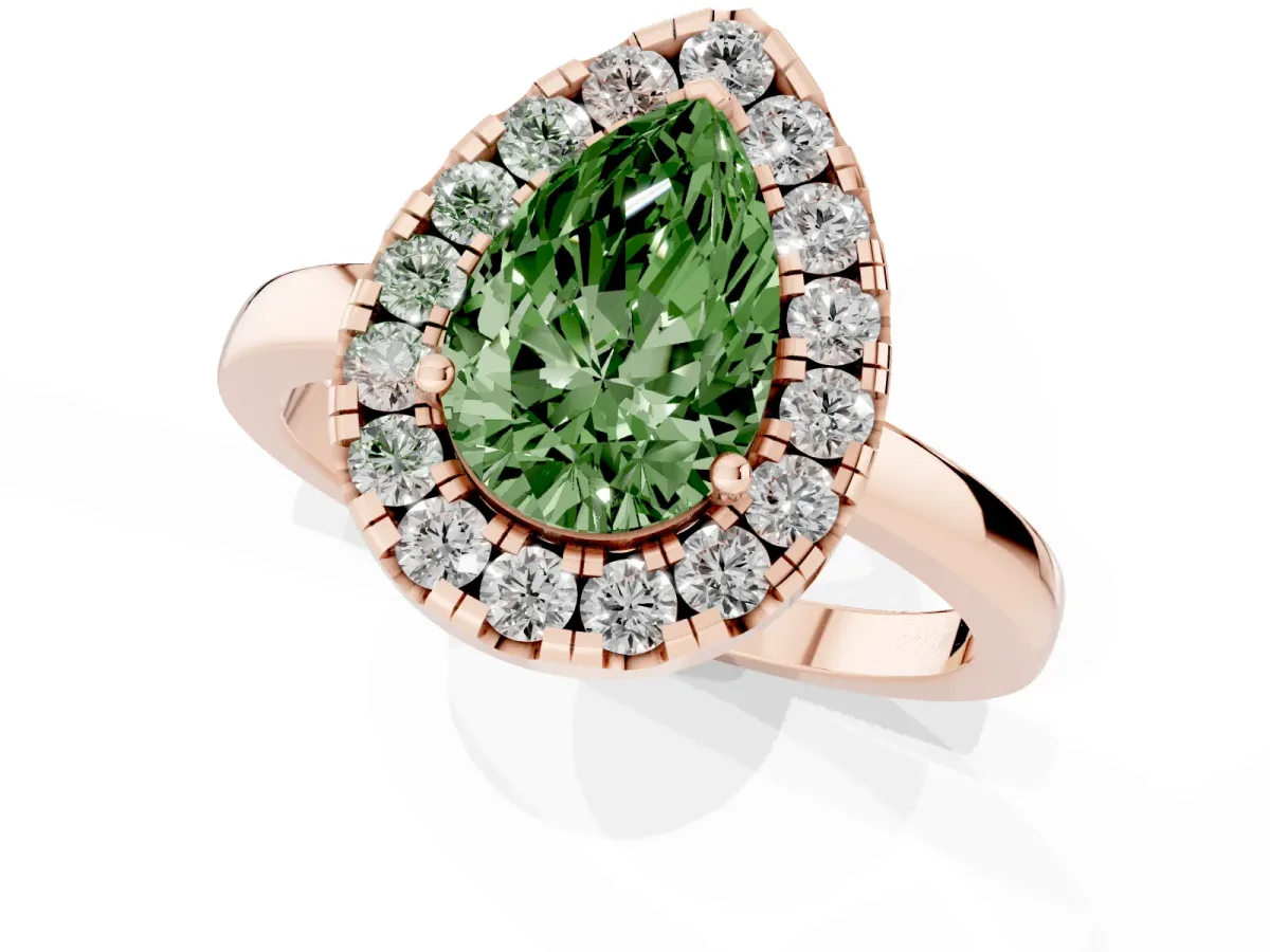 Fancy Green Pear Cut Halo Diamond Solitaire with Pavé Band and Four-Prong Setting Rose gold
