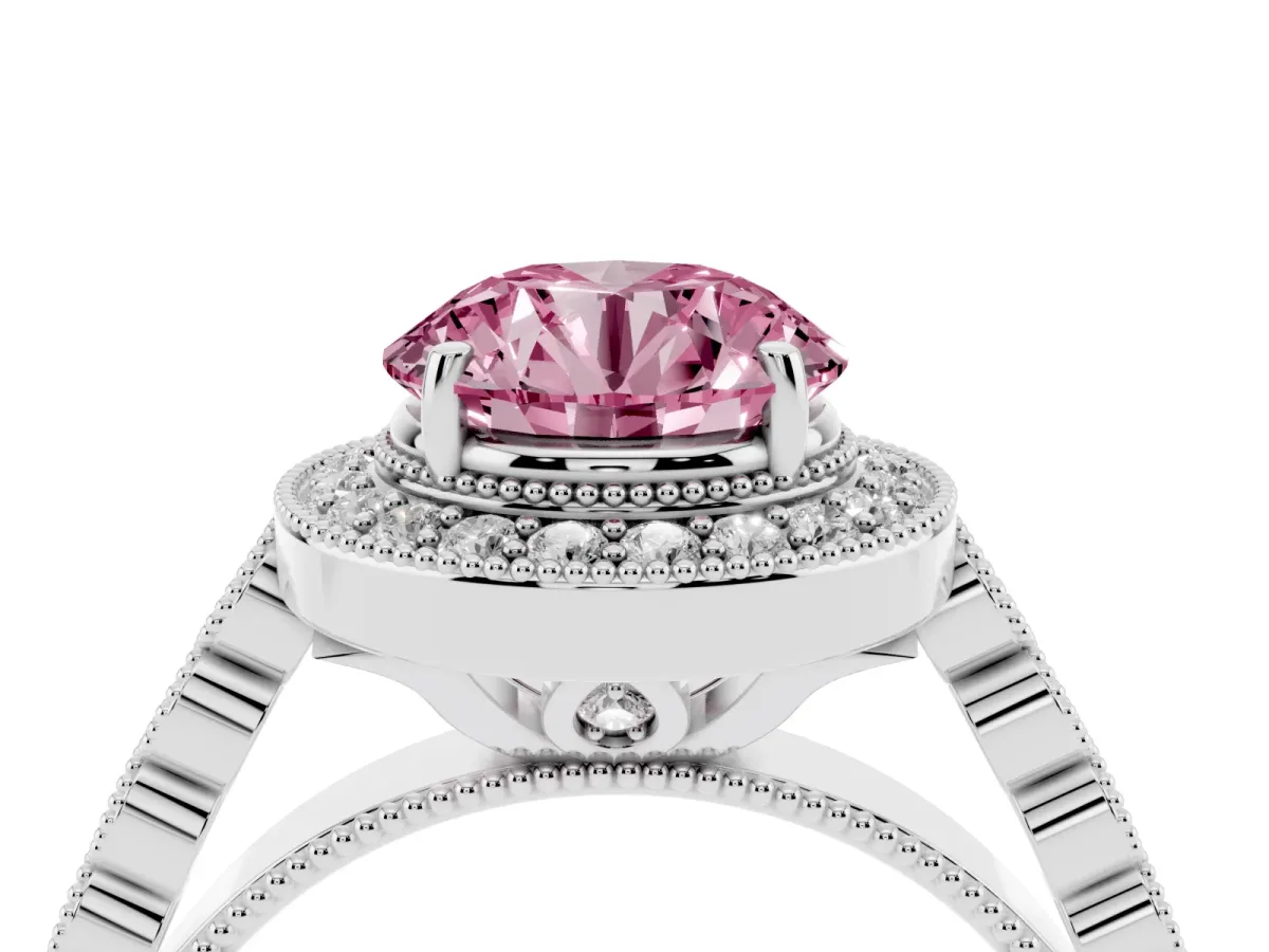 Fancy Pink Round Cut Halo Milgrain Solitaire with Bezel Set Side Stones and Pave Band Silver