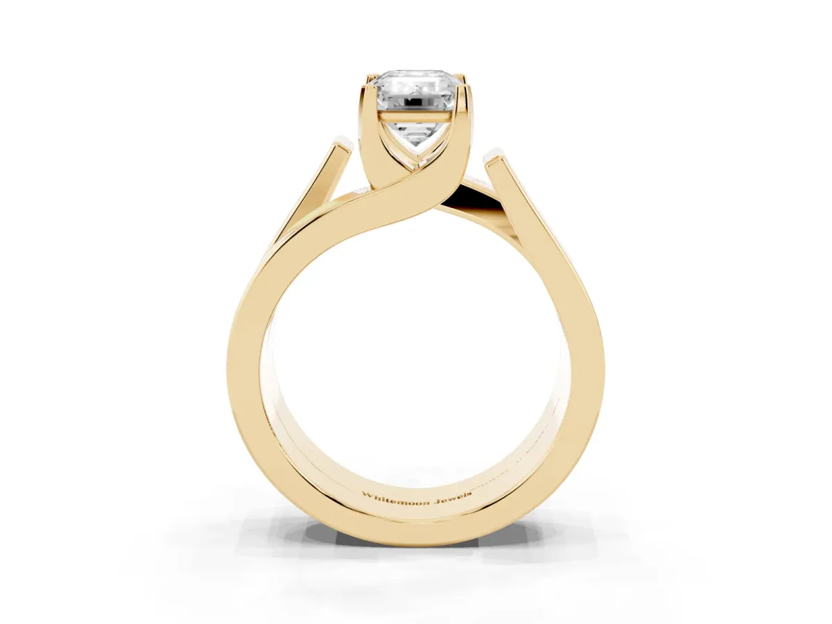 Modern Tension Set Emerald Cut Diamond Solitaire Wide Band Ring Yellow gold