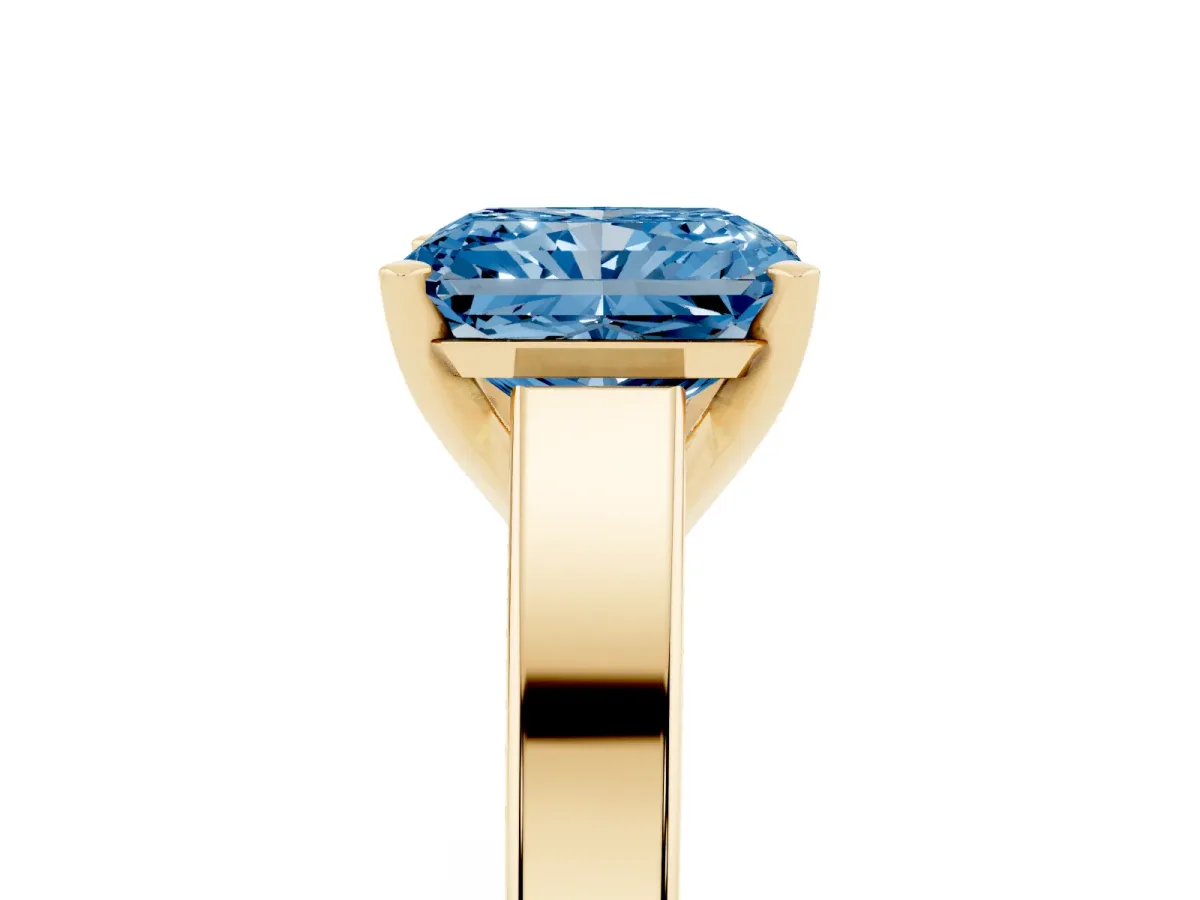 Fancy Blue Radiant Cut Solitaire Engagement Ring with Four-Prong Setting and Tapered Band Yellow gold