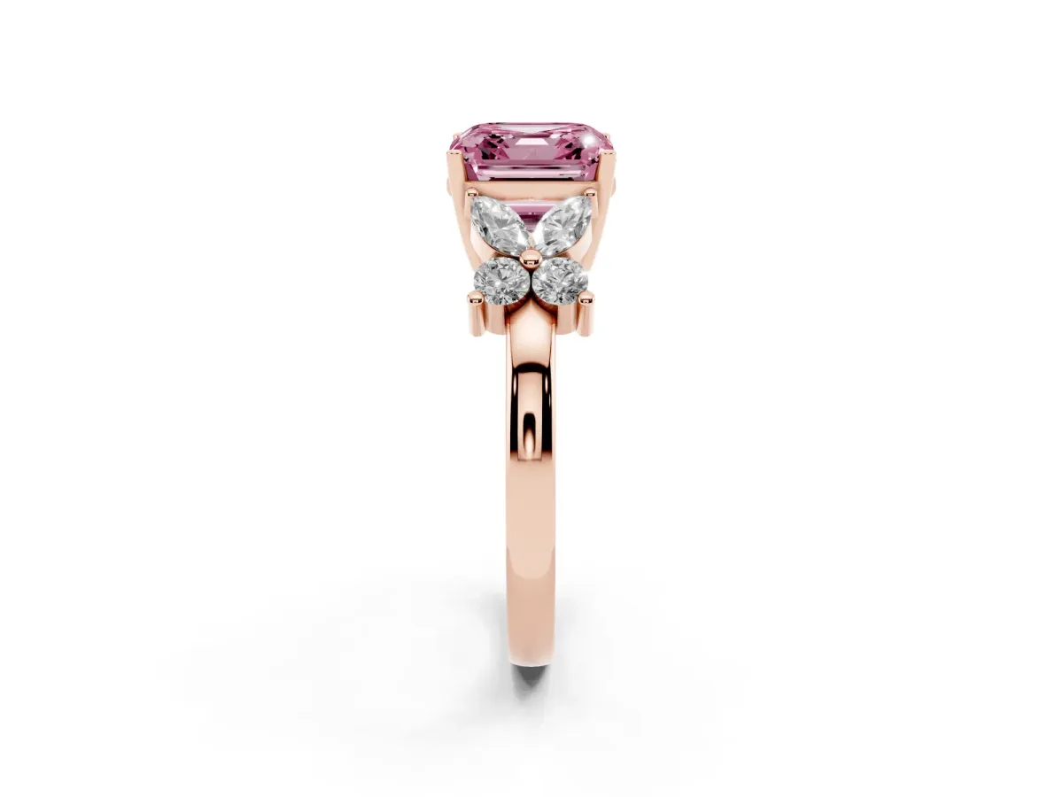 Fancy Pink Asscher Cut Diamond Floral Cluster Ring with Solitaire Band and Prong Setting Rose gold