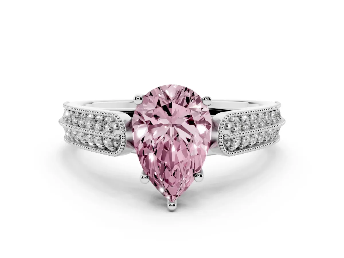 Fancy Pink Pear Cut Cut Pave Split Shank Engagement Ring with Four-Prong Setting White gold