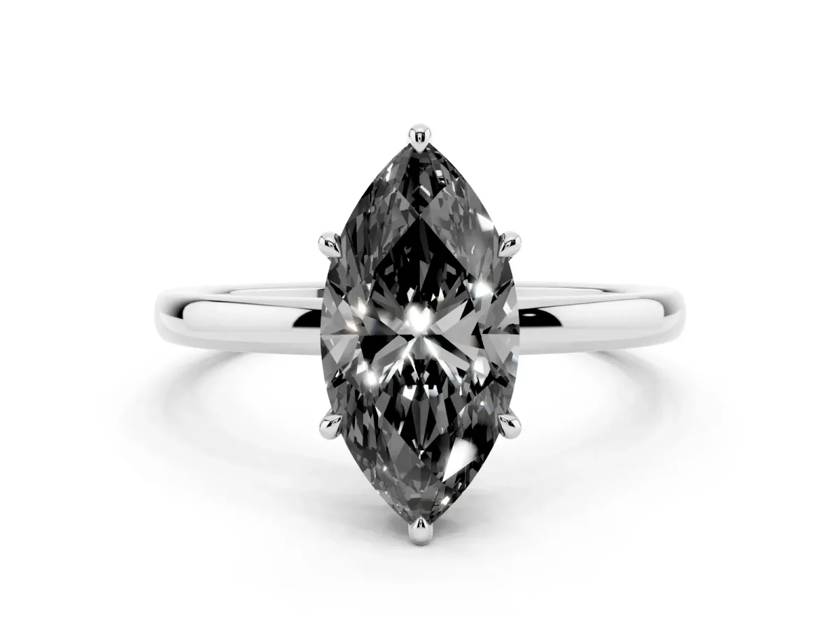 Fancy Black Marquise Cut Solitaire Engagement Ring with Cathedral Band and Four-Prong Setting White gold