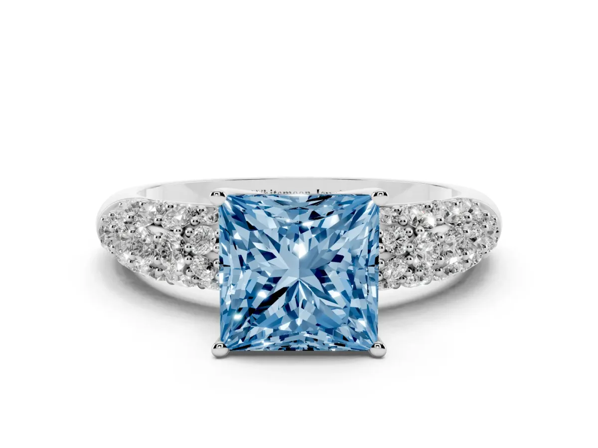 Fancy Blue Princess Cut Diamond Pavé Band Solitaire Ring with Four-Prong Setting Silver