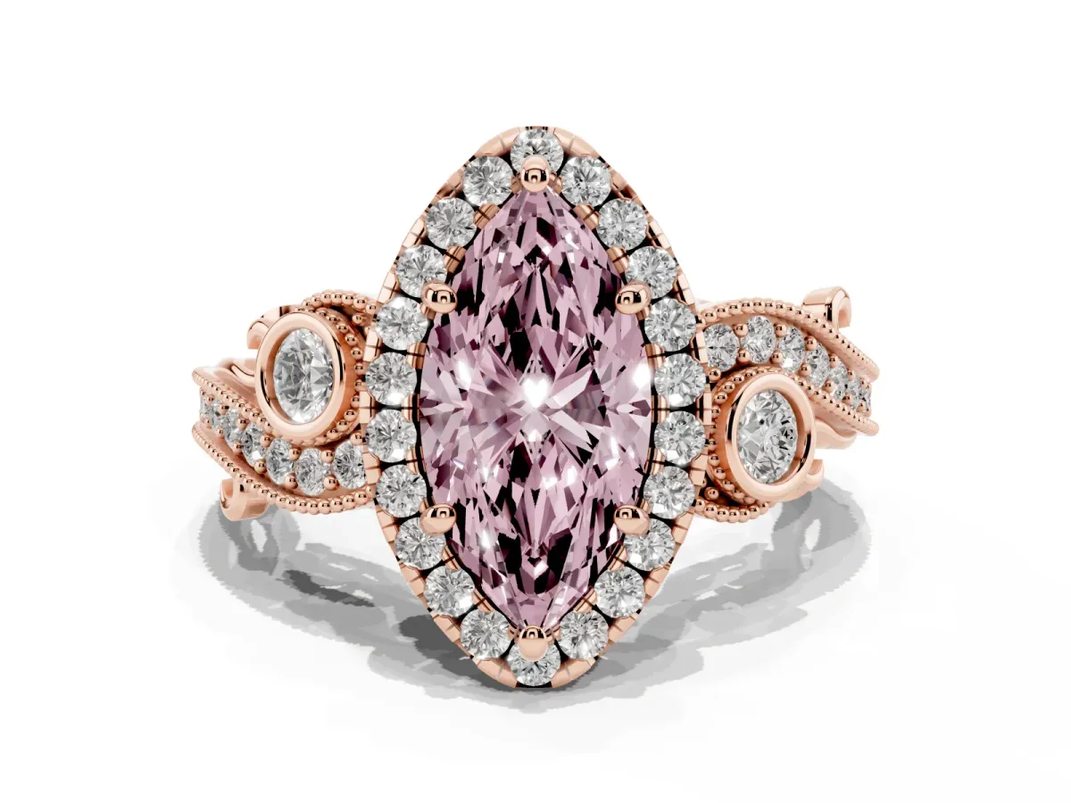 Fancy Pink Marquise Cut Diamond Halo Ring with Milgrain Pavé Band and Four-Prong Setting Rose gold