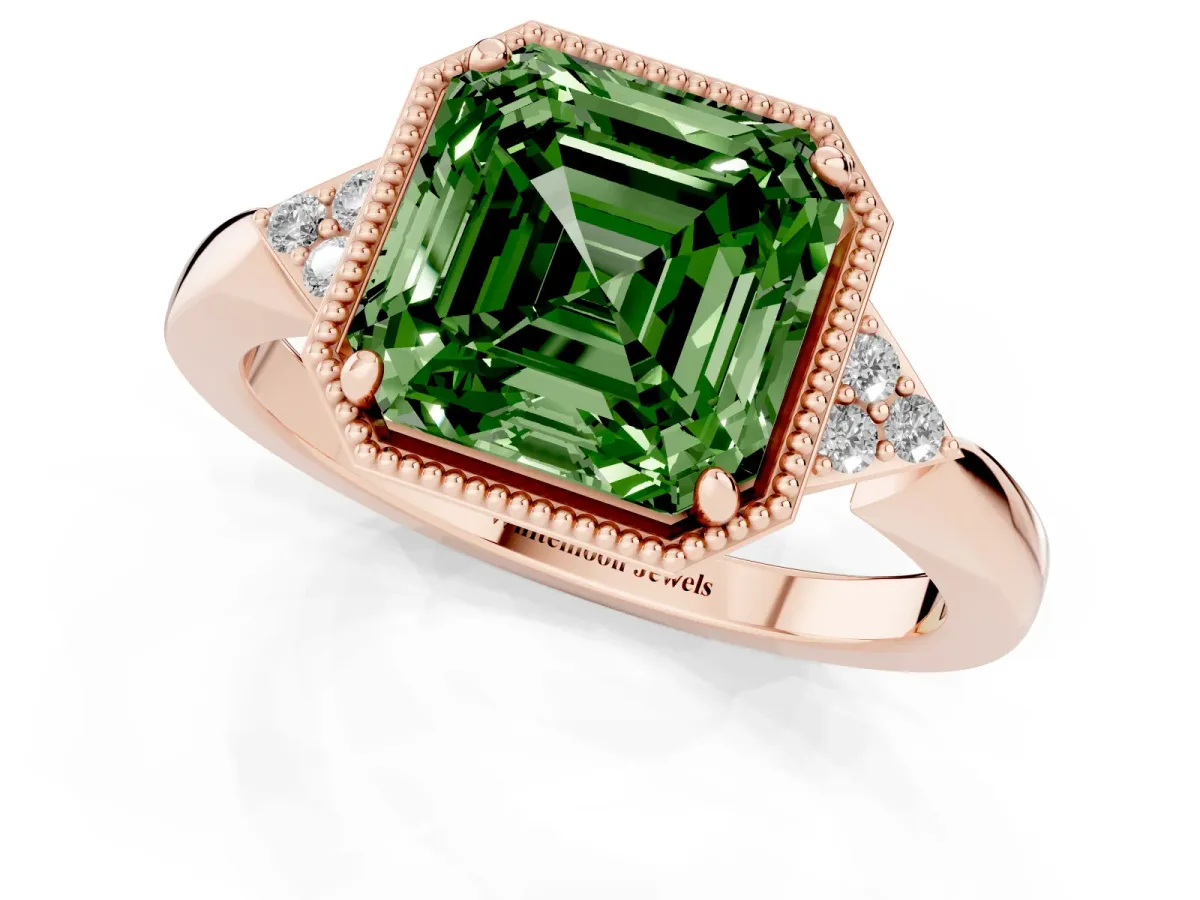 Fancy Green Milgrain Asscher Cut Cut Diamond Ring with Tapered Pave Band and Four Prong Setting Rose gold