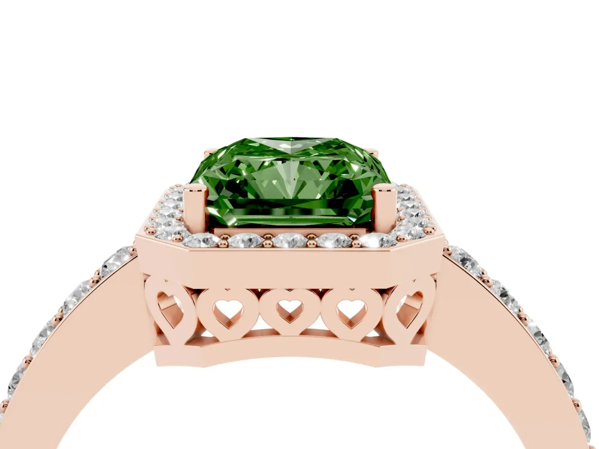Fancy Green Radiant Cut Halo Diamond Pavé Band Ring with Prong Setting Rose gold