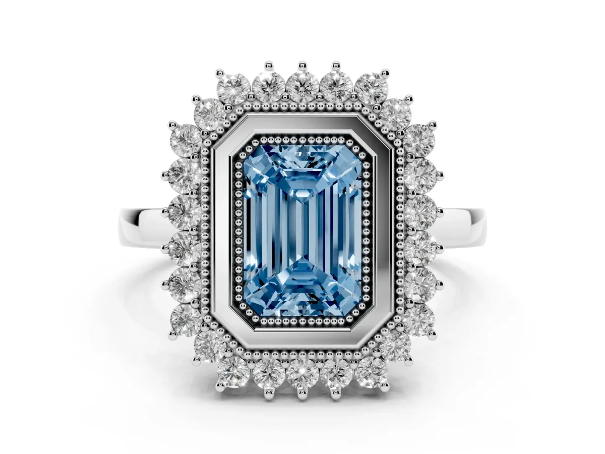 Fancy Blue Emerald Cut Halo Diamond Ring with Milgrain Edge and Round Prong Setting Platinum