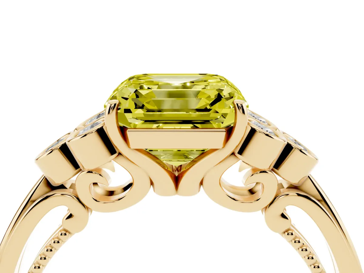 Fancy Yellow Asscher Cut Cut Diamond Engagement Ring with Bezel Set Round Side Stones and Prong Setting Yellow gold
