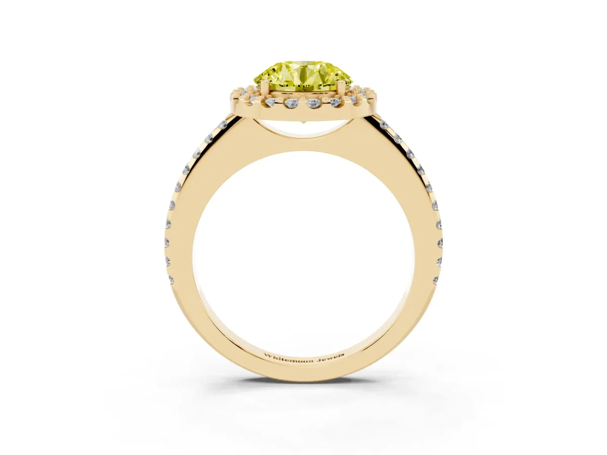 Fancy Yellow Round Cut Diamond Pavé Halo Ring with Four-Prong Setting Yellow gold