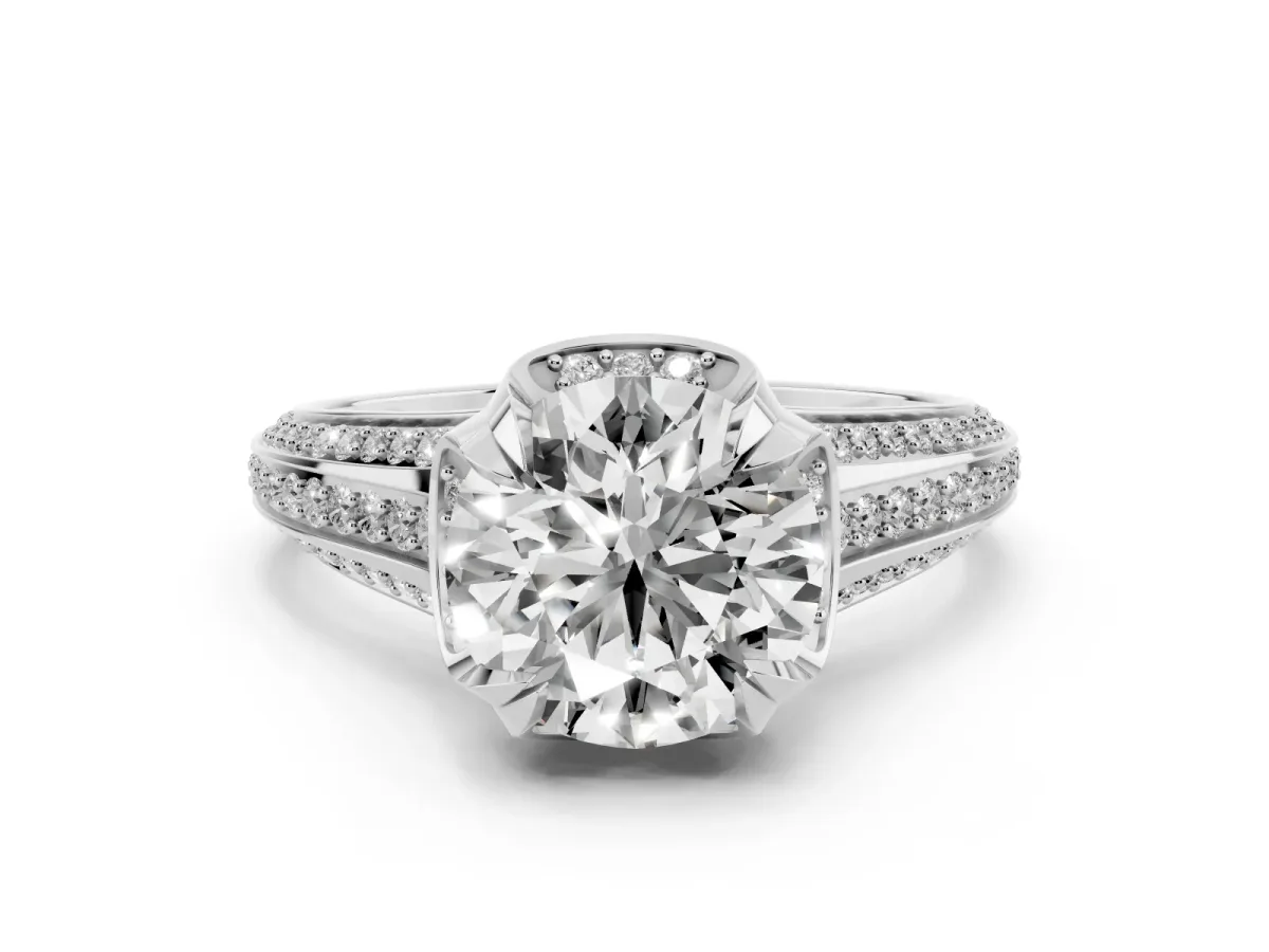 Round Cut Solitaire Pave Split Shank Ring with Four-Prong Setting Silver
