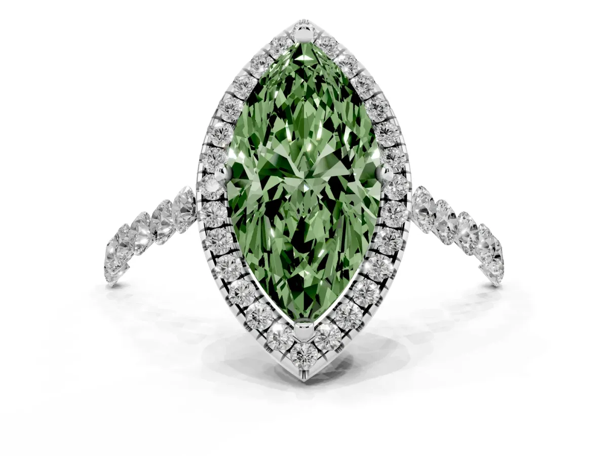 Fancy Green Marquise Cut Halo Pavé Diamond Engagement Ring with Four-Prong Setting Silver