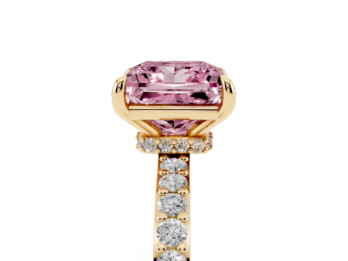 Fancy Pink Princess Cut Diamond Pavé Engagement Ring with Round Accents and Prong Setting Yellow gold