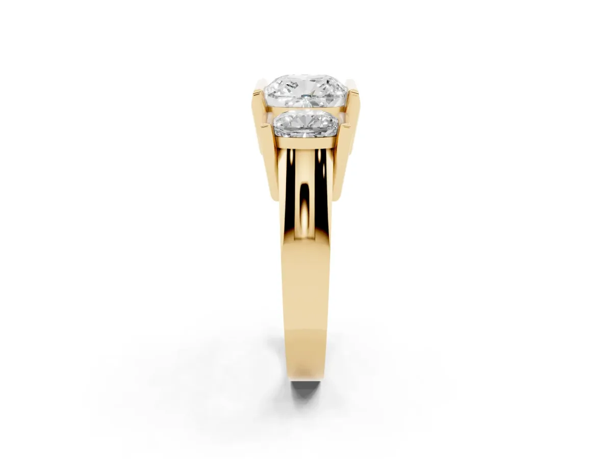 Three Stone Cushion Cut Cut Channel Set Diamond Ring Yellow gold