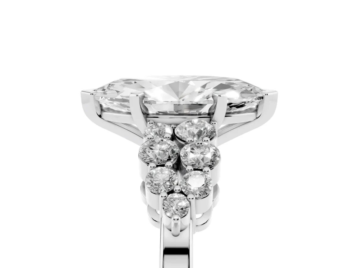 Marquise Cut Cluster Diamond Engagement Ring with Pavé Band and Four-Prong Setting Silver