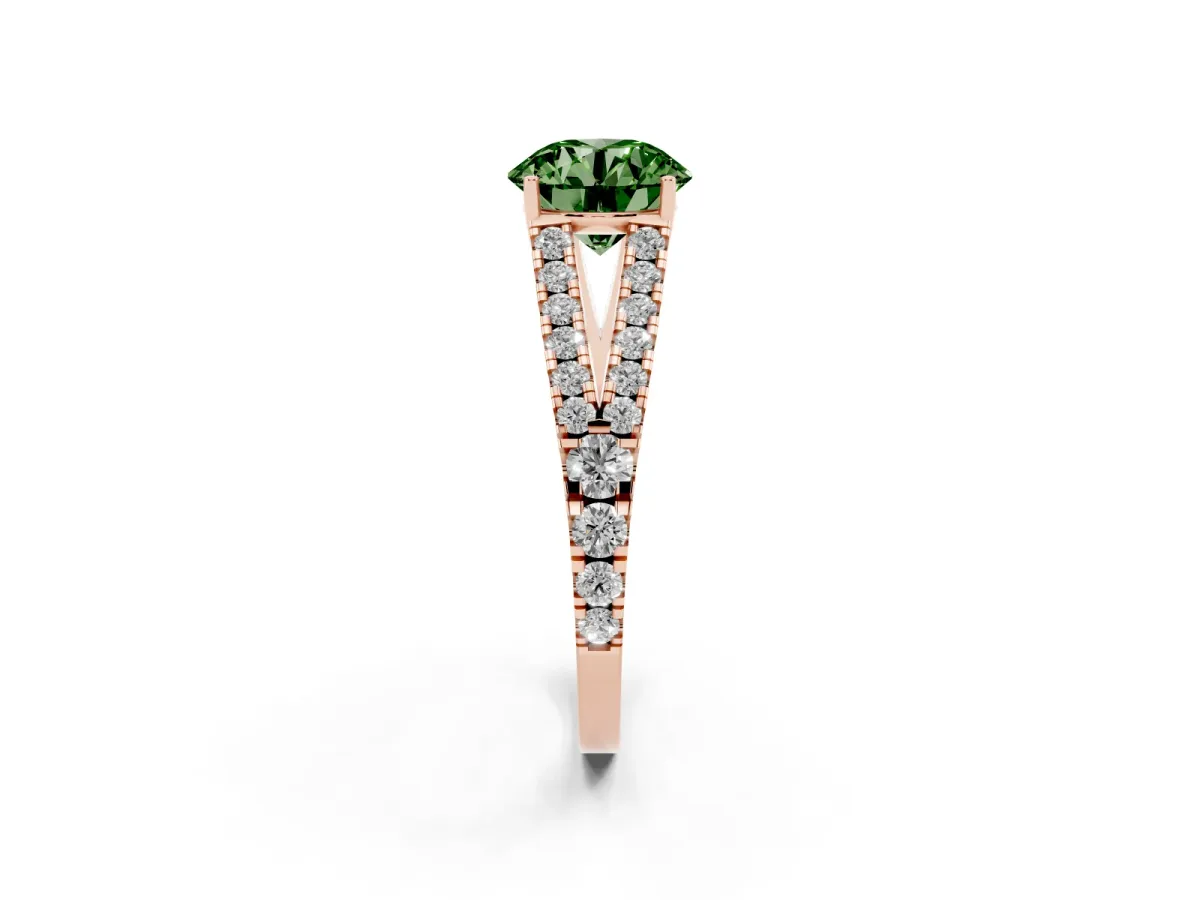 Fancy Green Round Cut Diamond Split Shank Engagement Ring with Round Pavé and Prong Setting Rose gold